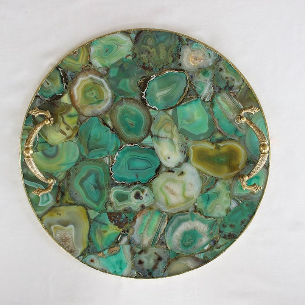 Green Agate Serving Tray With Brass Handles