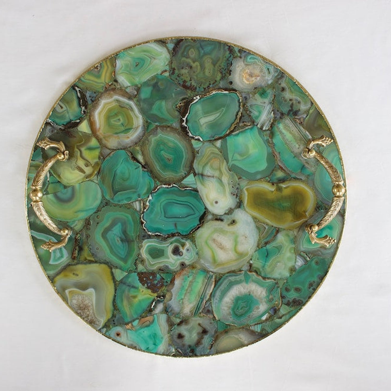 Green Agate Serving Tray With Brass Handles