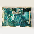 Large Composite Green Agate Serving Tray With Plain Modern Brass Handles 10"x15"