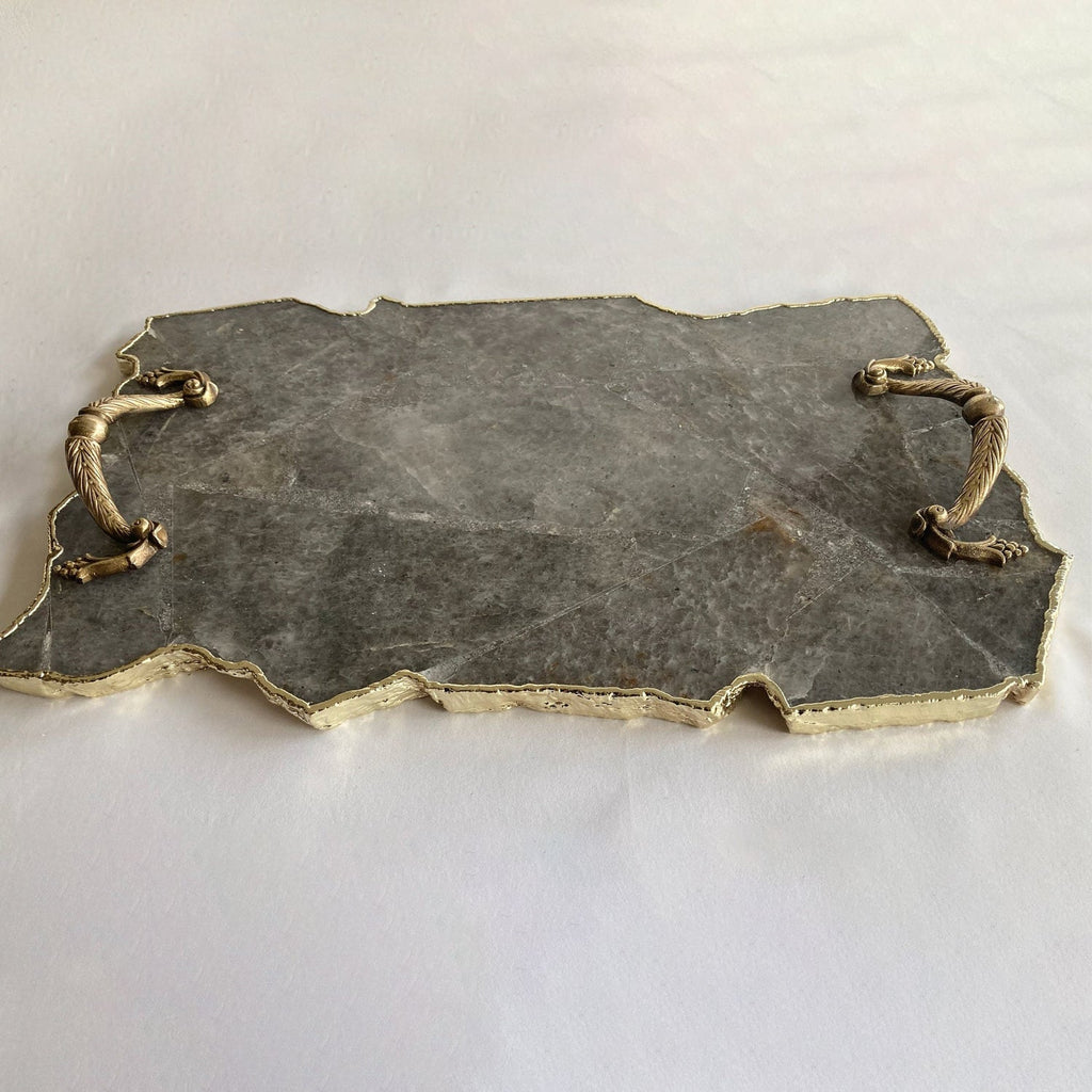 Large Smoky Grey Agate Serving Tray With Brass Handles 10"x15"