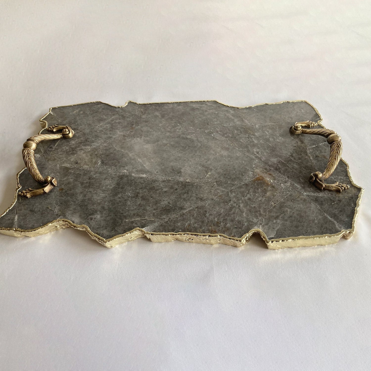 Large Smoky Grey Agate Serving Tray With Brass Handles 10"x15"