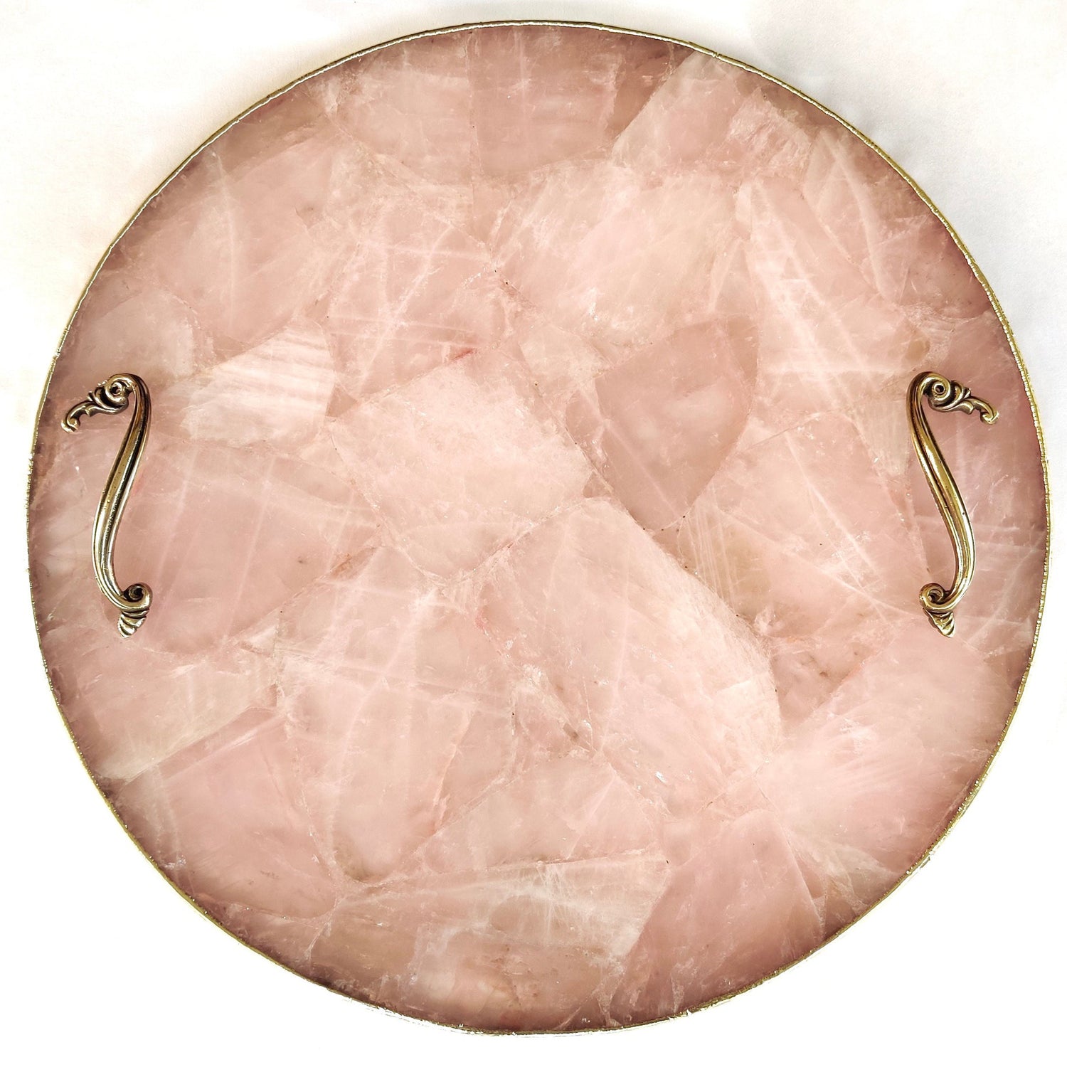 Rose Quartz Agate Serving Tray With Brass Handles