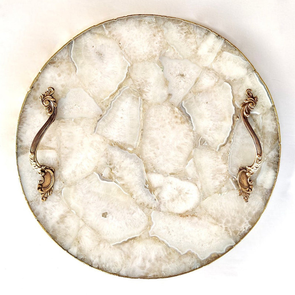 White Agate Serving Tray With Brass Handles