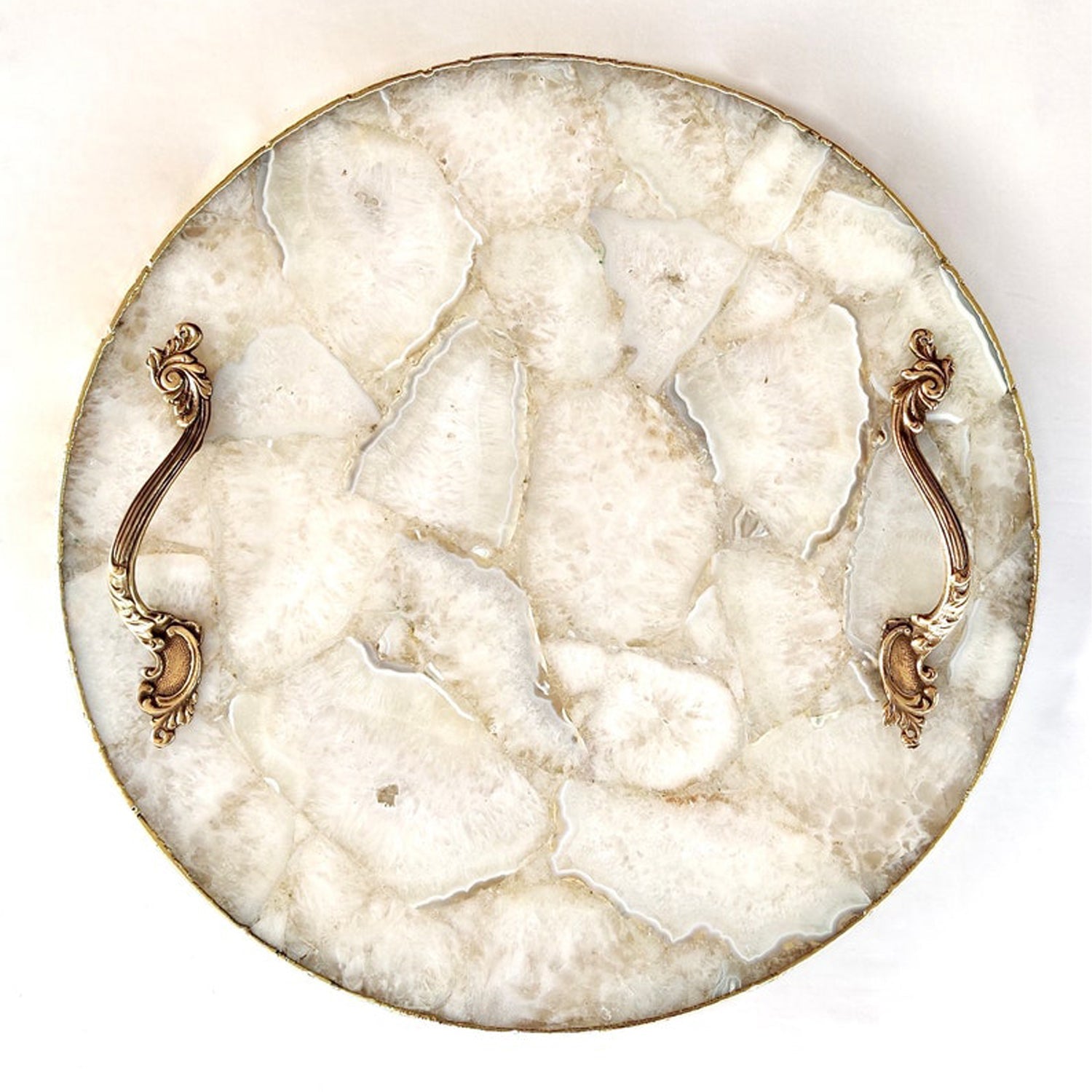 White Agate Serving Tray With Brass Handles