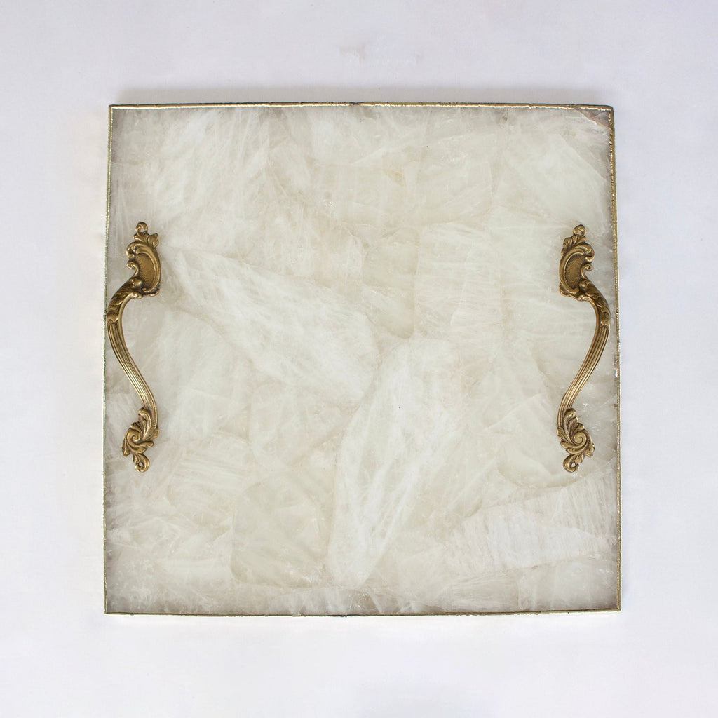 White Agate Serving Tray With Brass Handles