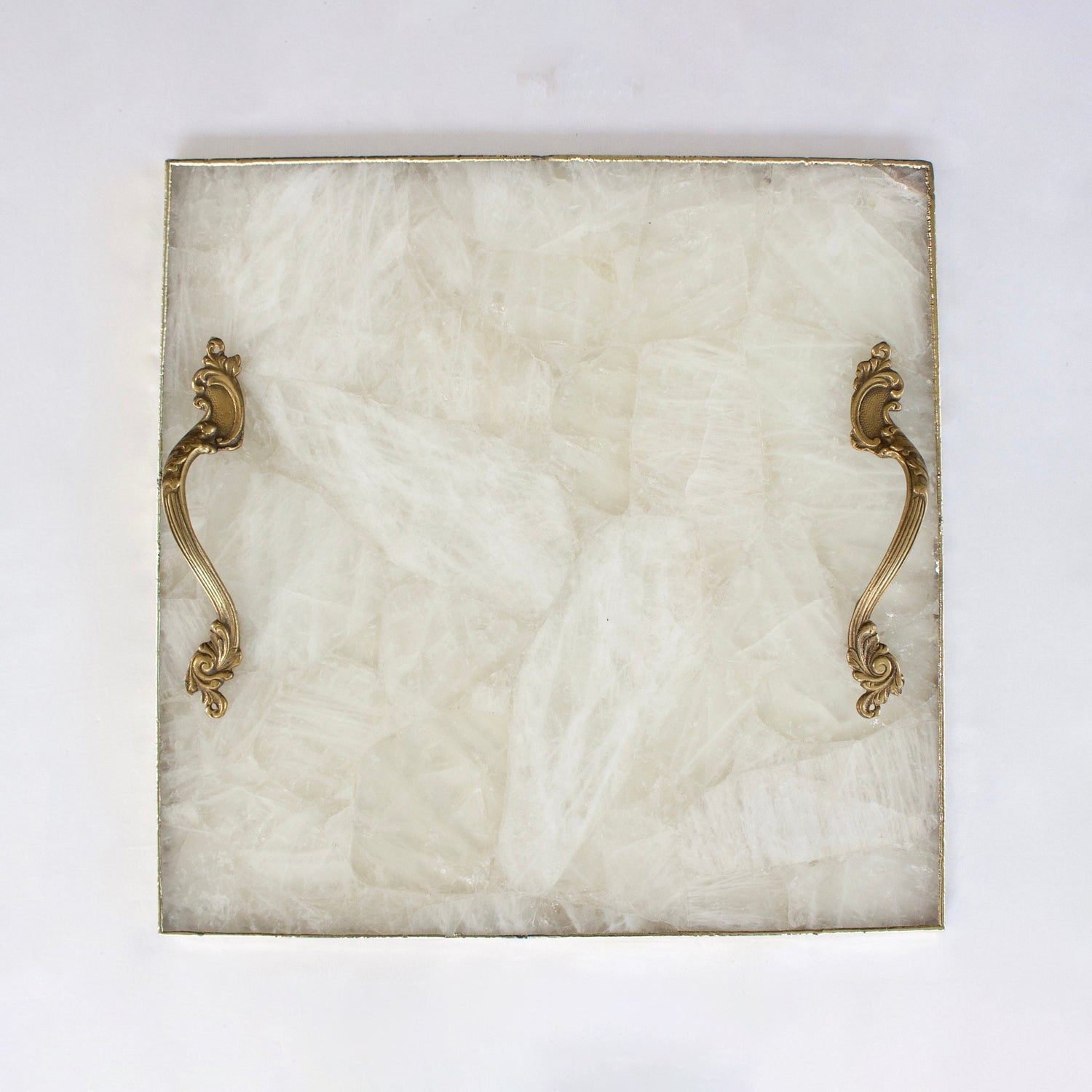 White Agate Serving Tray With Brass Handles
