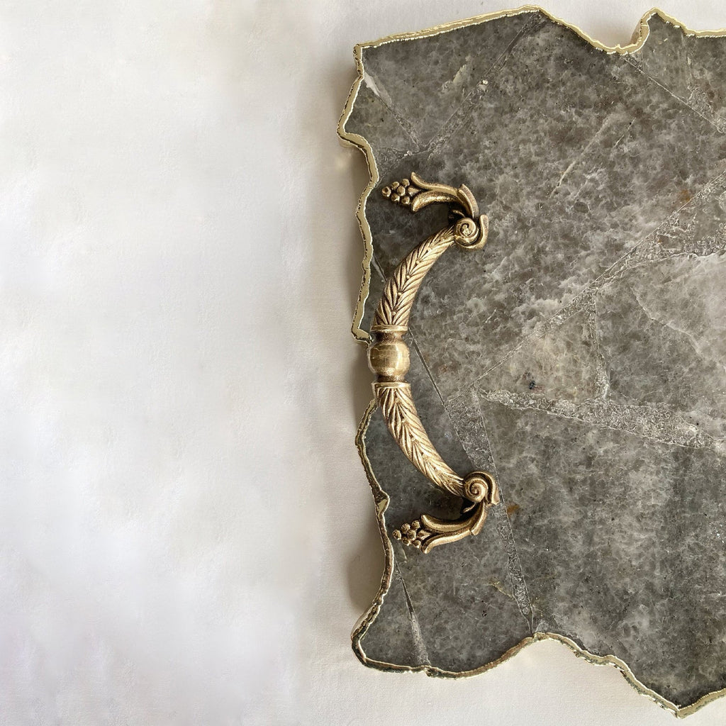 Large Smoky Grey Agate Serving Tray With Brass Handles 10"x15"
