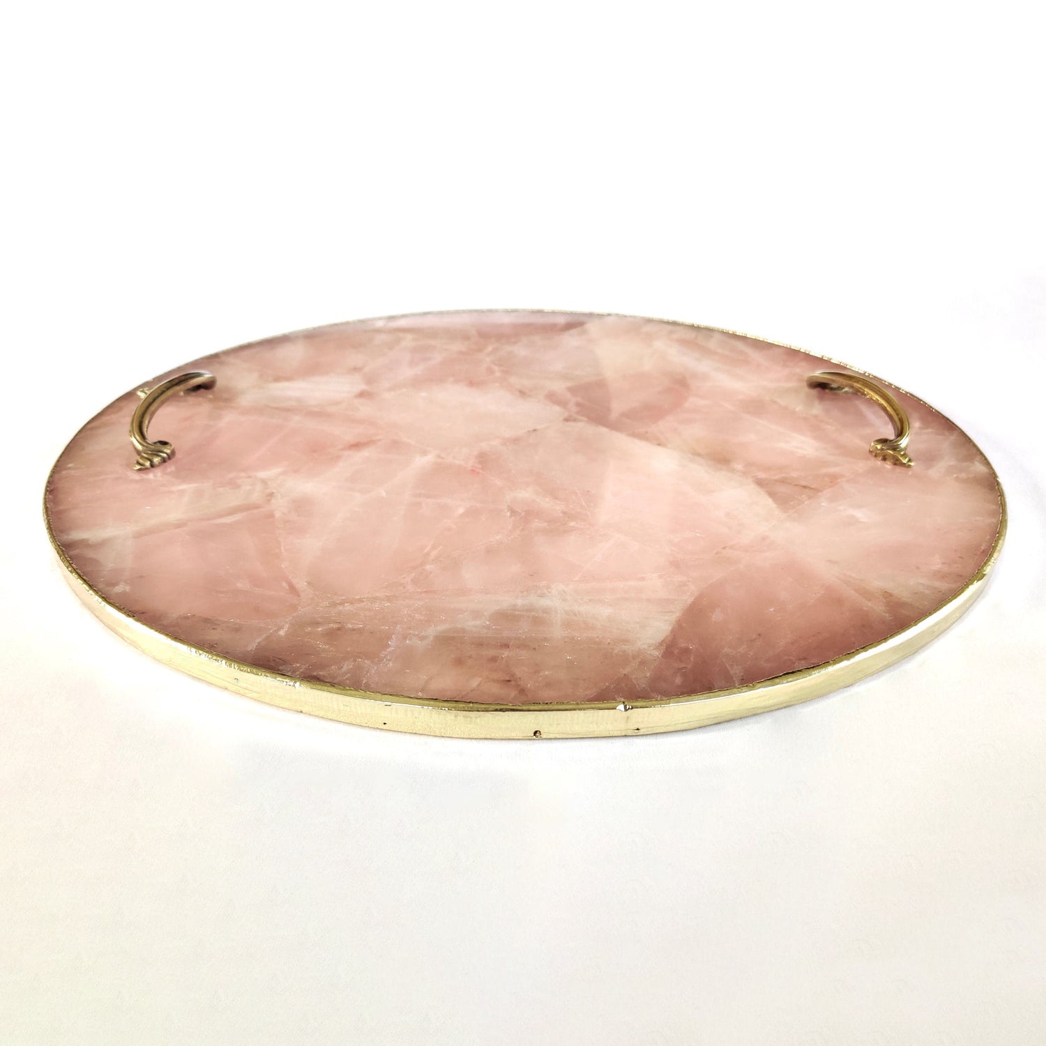 Rose Quartz Agate Serving Tray With Brass Handles
