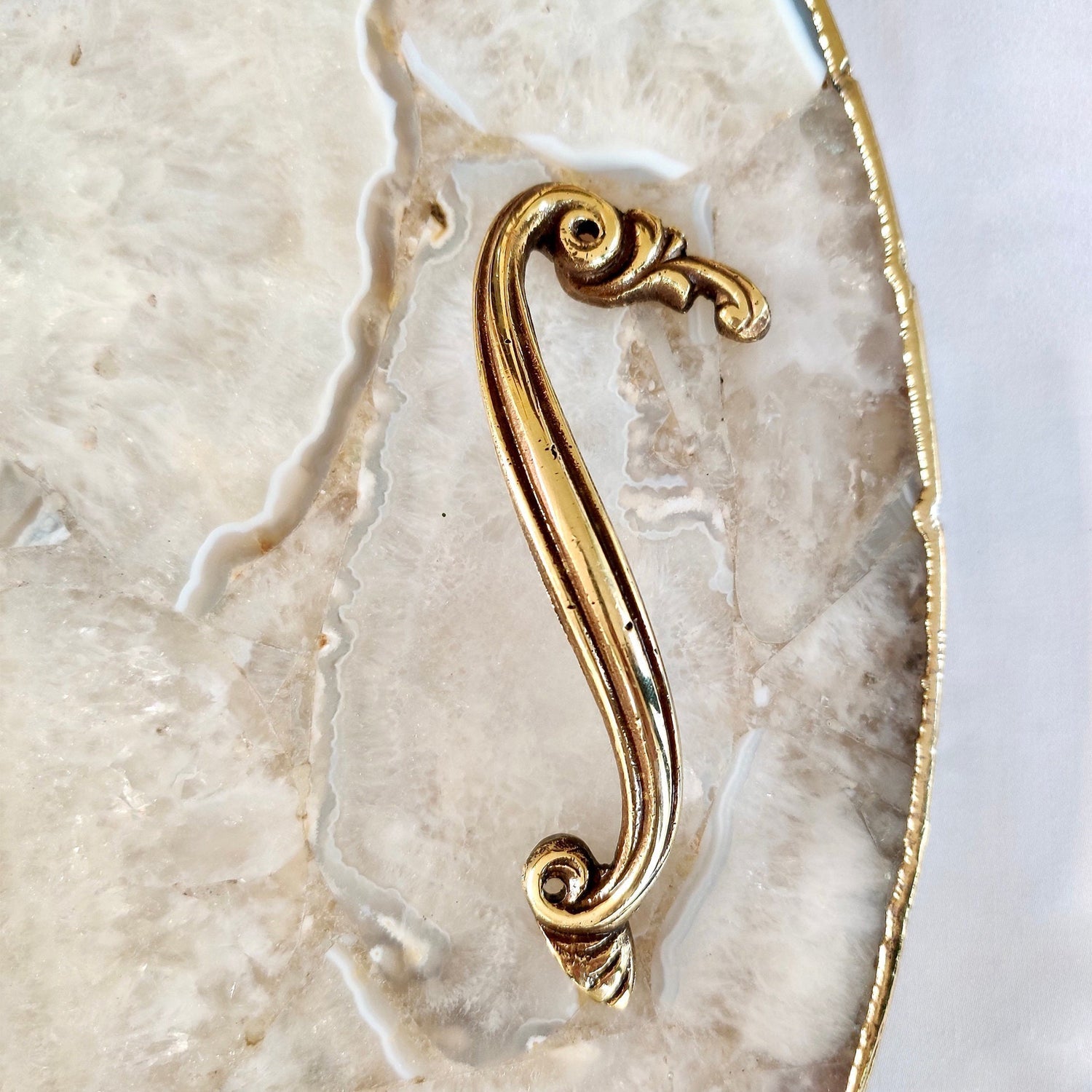 White Agate Serving Tray With Brass Handles