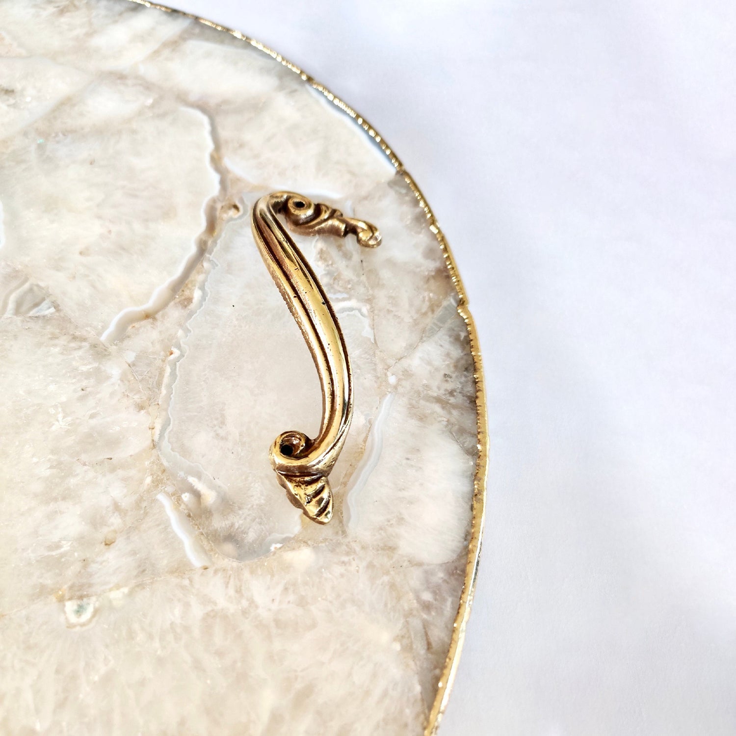 White Agate Serving Tray With Brass Handles