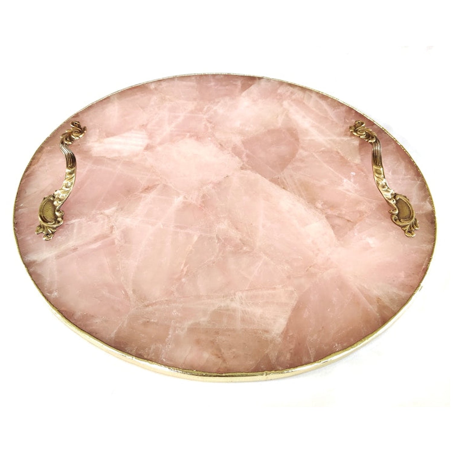 Rose Quartz Agate Serving Tray With Brass Handles