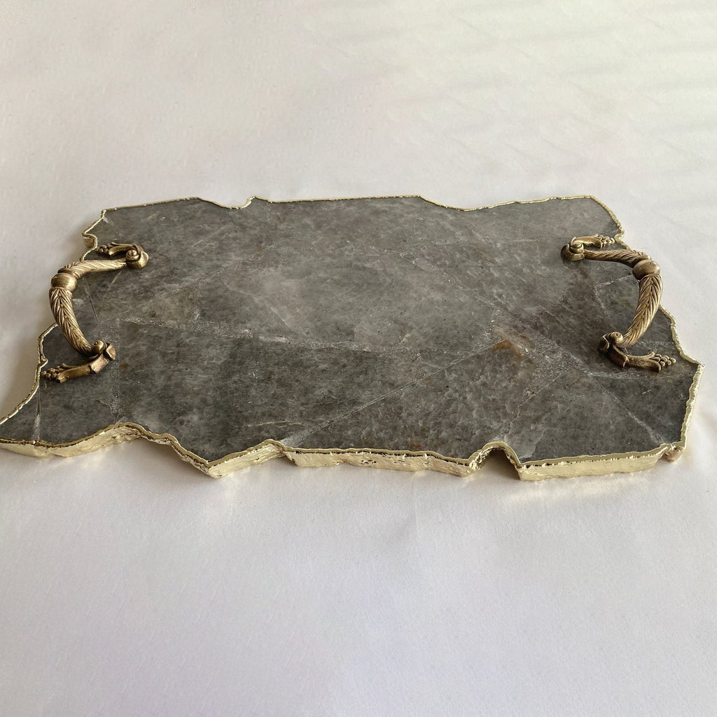 Large Smoky Grey Agate Serving Tray With Brass Handles 10"x15"