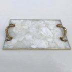 White Agate  Serving Tray With Brass Handles