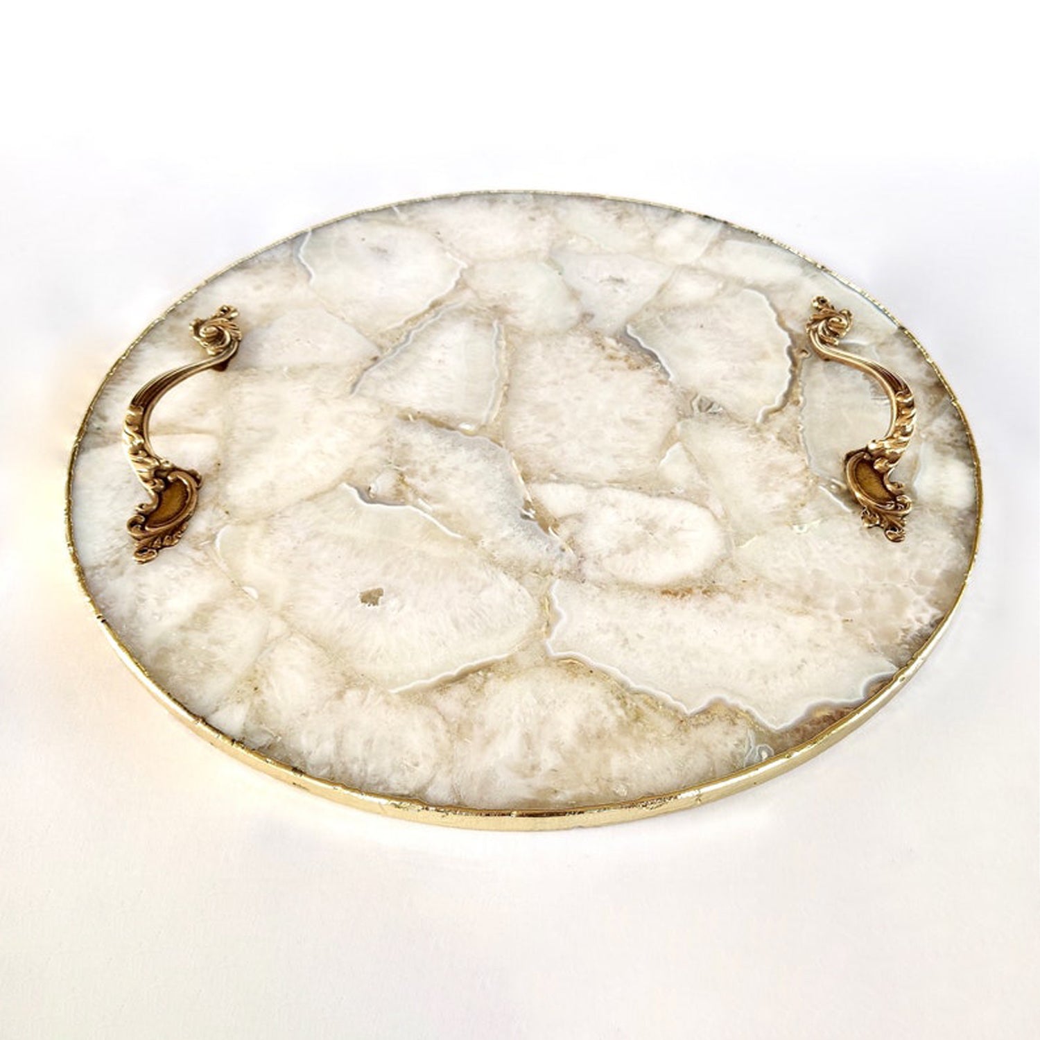White Agate Serving Tray With Brass Handles