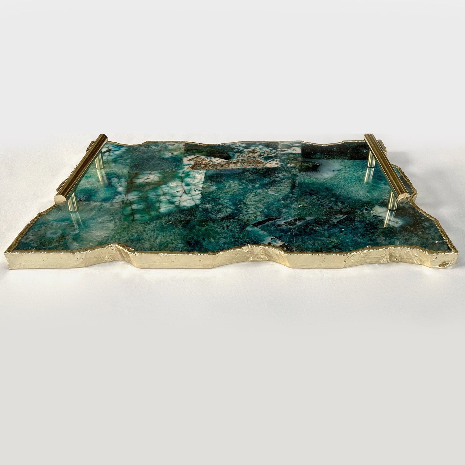 Large Composite Green Agate Serving Tray With Plain Modern Brass Handles 10"x15"