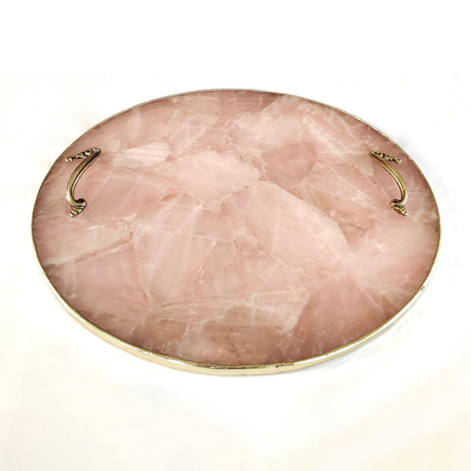 Rose Quartz Agate Serving Tray With Brass Handles