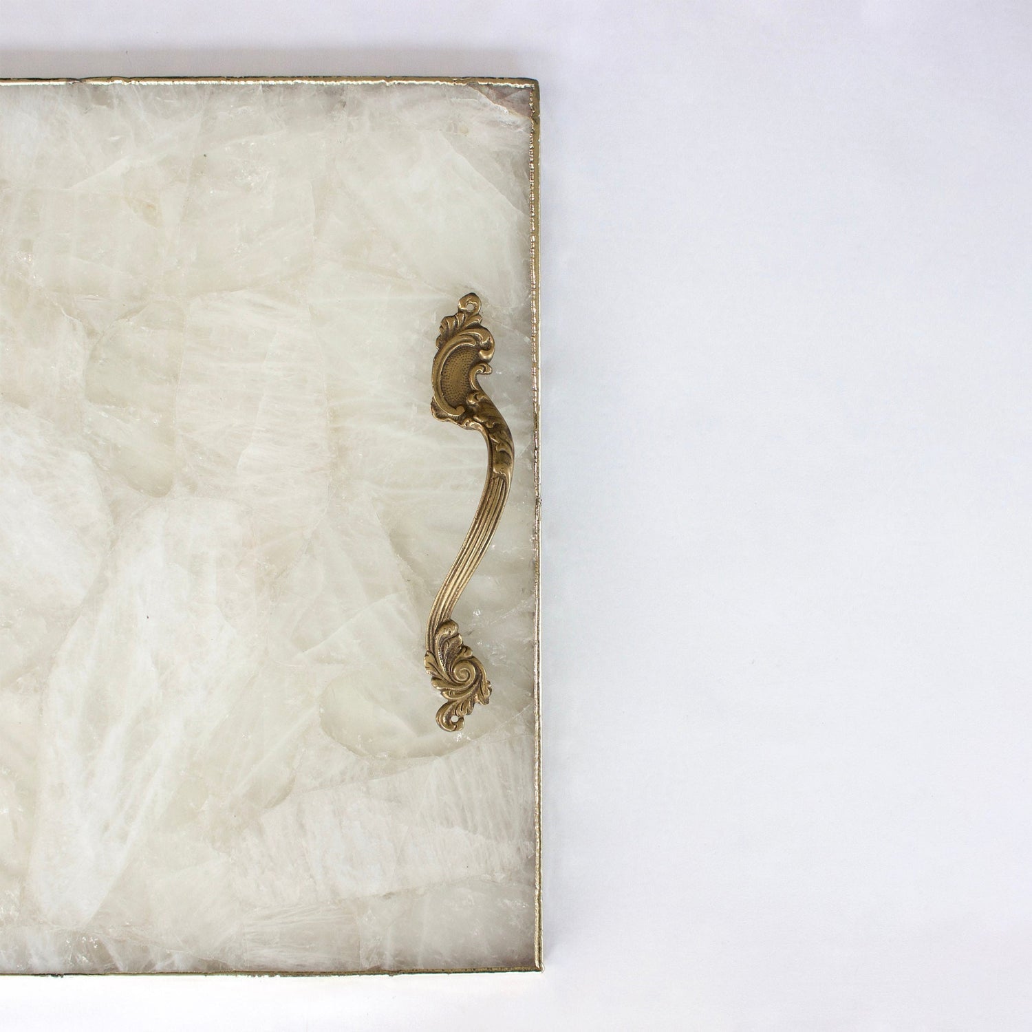 White Agate Serving Tray With Brass Handles