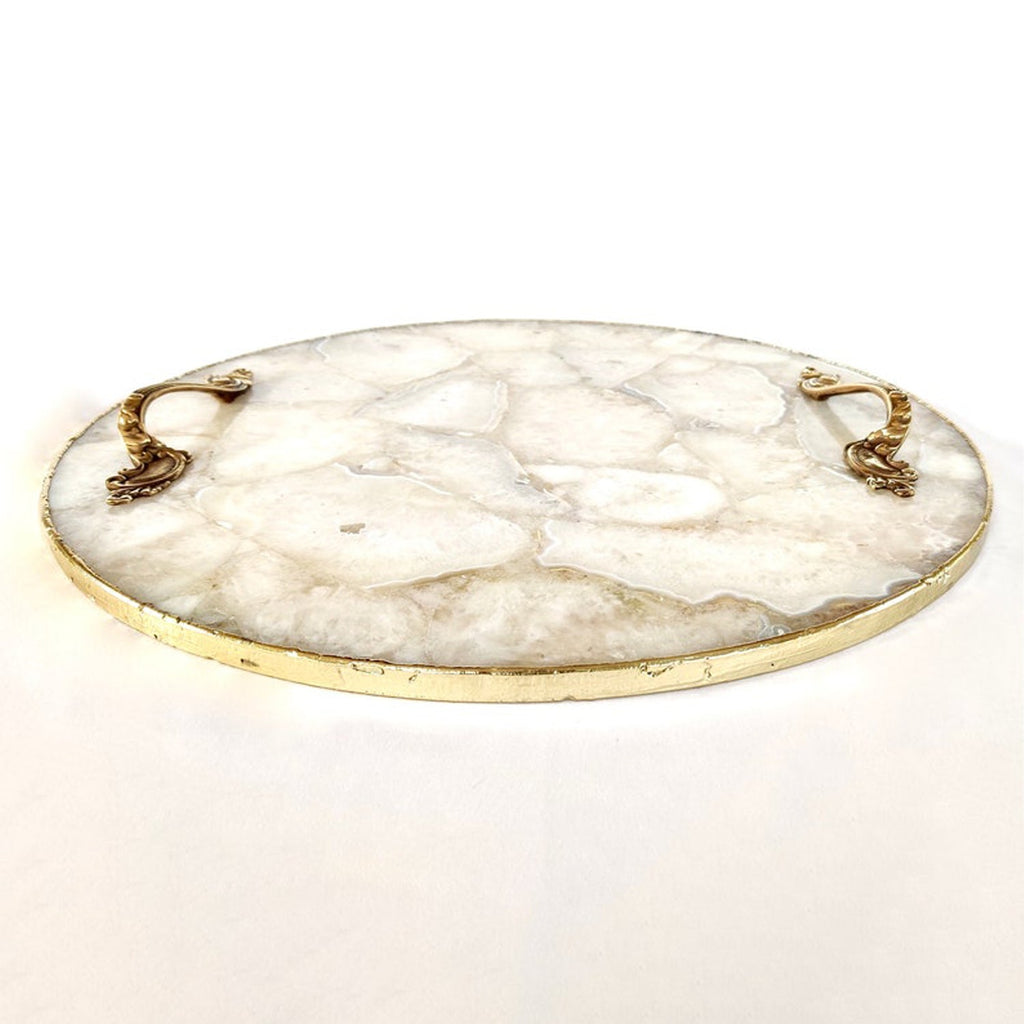 White Agate Serving Tray With Brass Handles