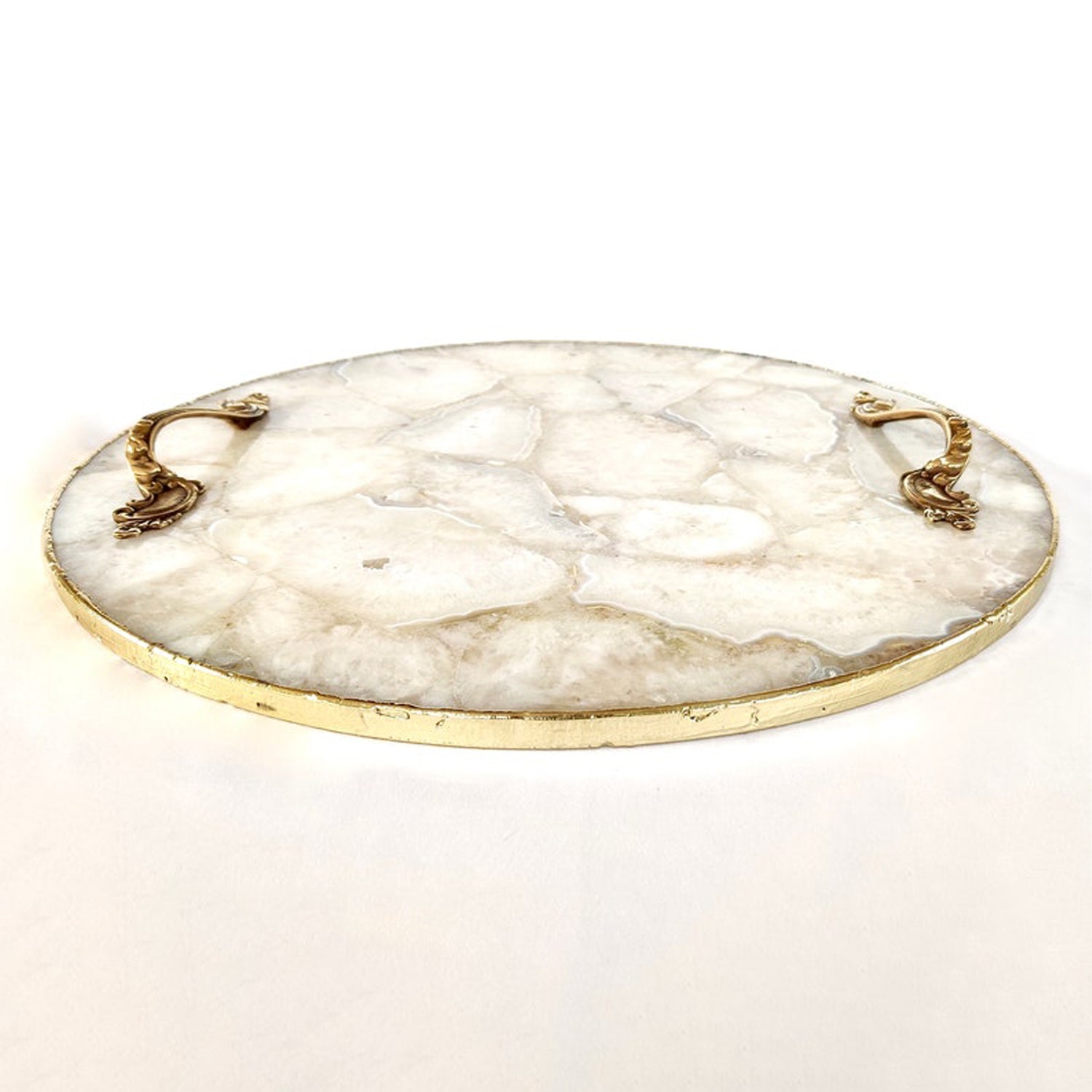 White Agate Serving Tray With Brass Handles
