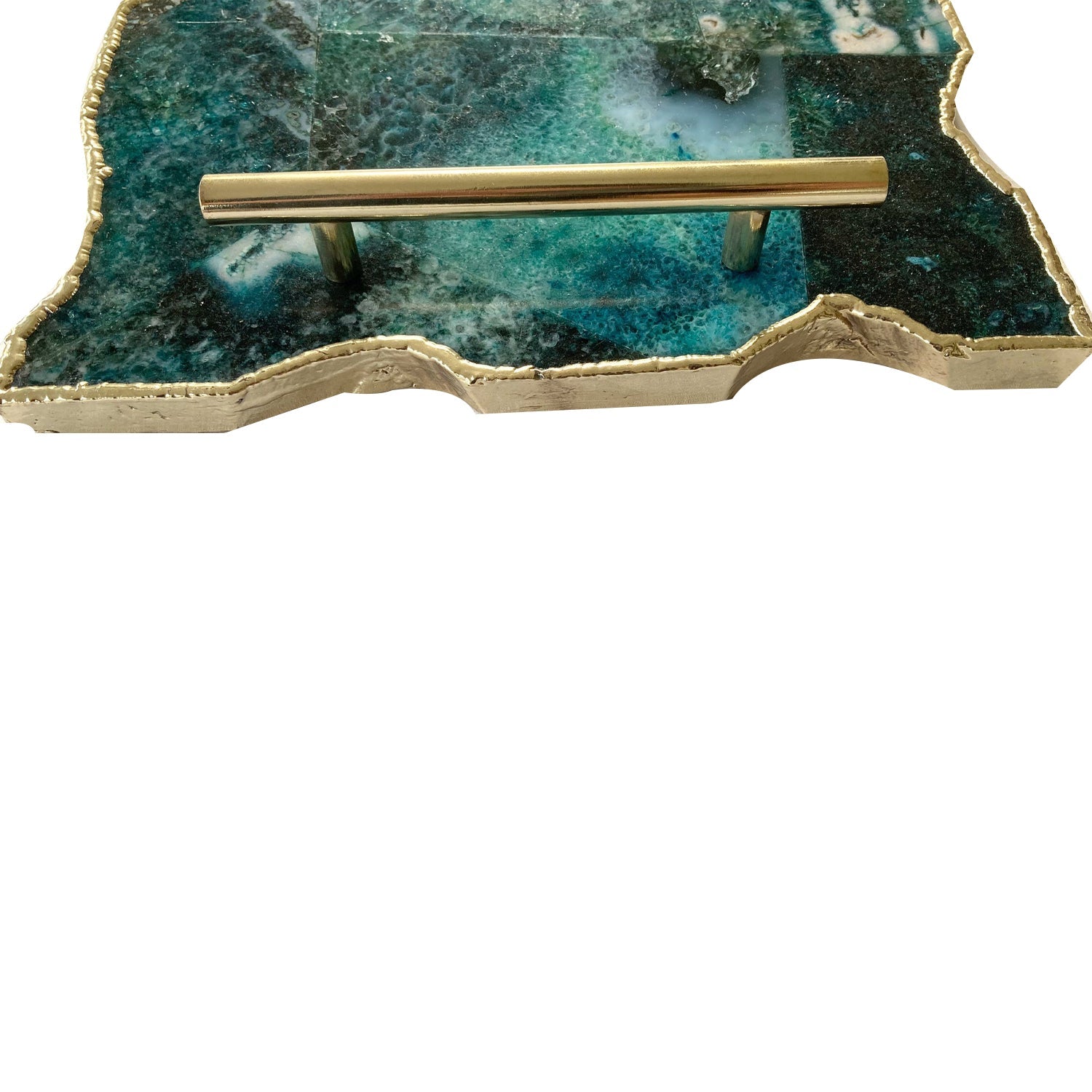 Large Composite Green Agate Serving Tray With Plain Modern Brass Handles 10"x15"