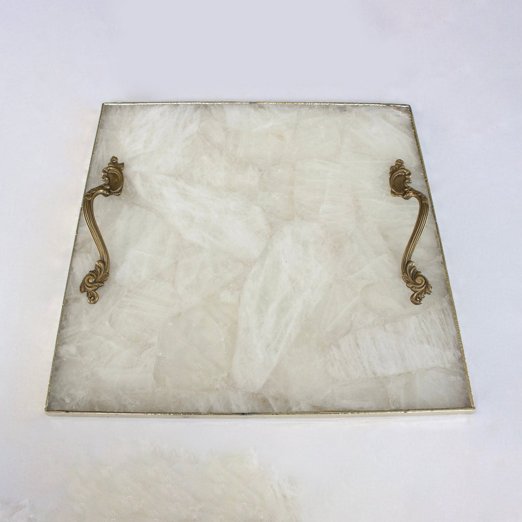 White Agate Serving Tray With Brass Handles