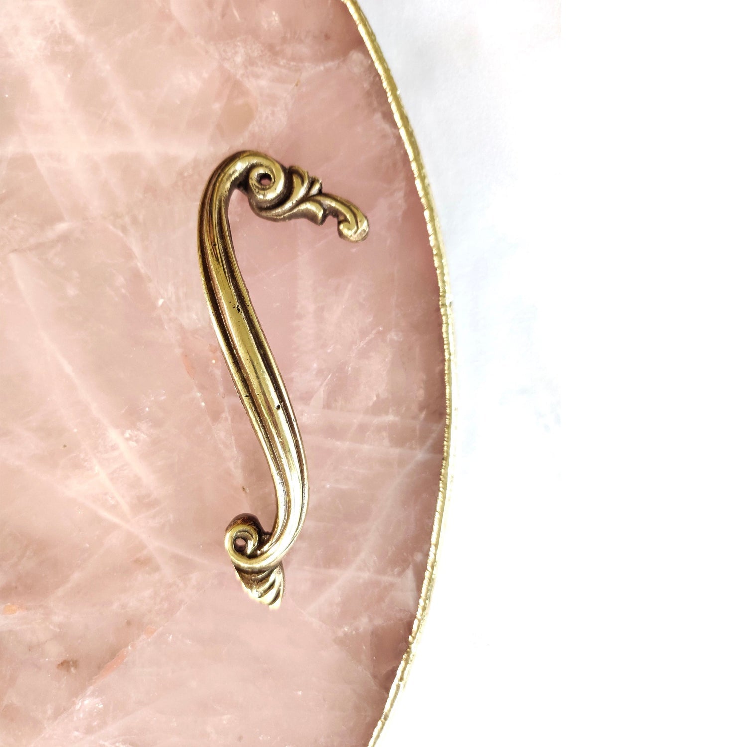 Rose Quartz Agate Serving Tray With Brass Handles