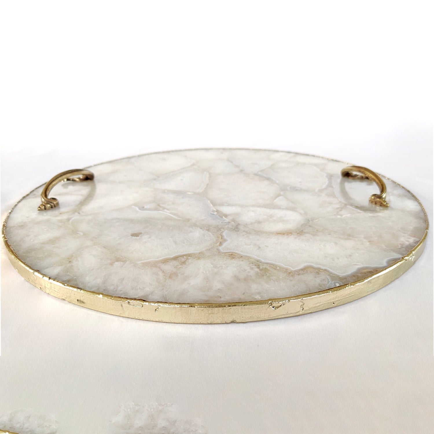 White Agate Serving Tray With Brass Handles