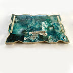 Large Composite Green Agate Serving Tray With Plain Modern Brass Handles 10"x15"
