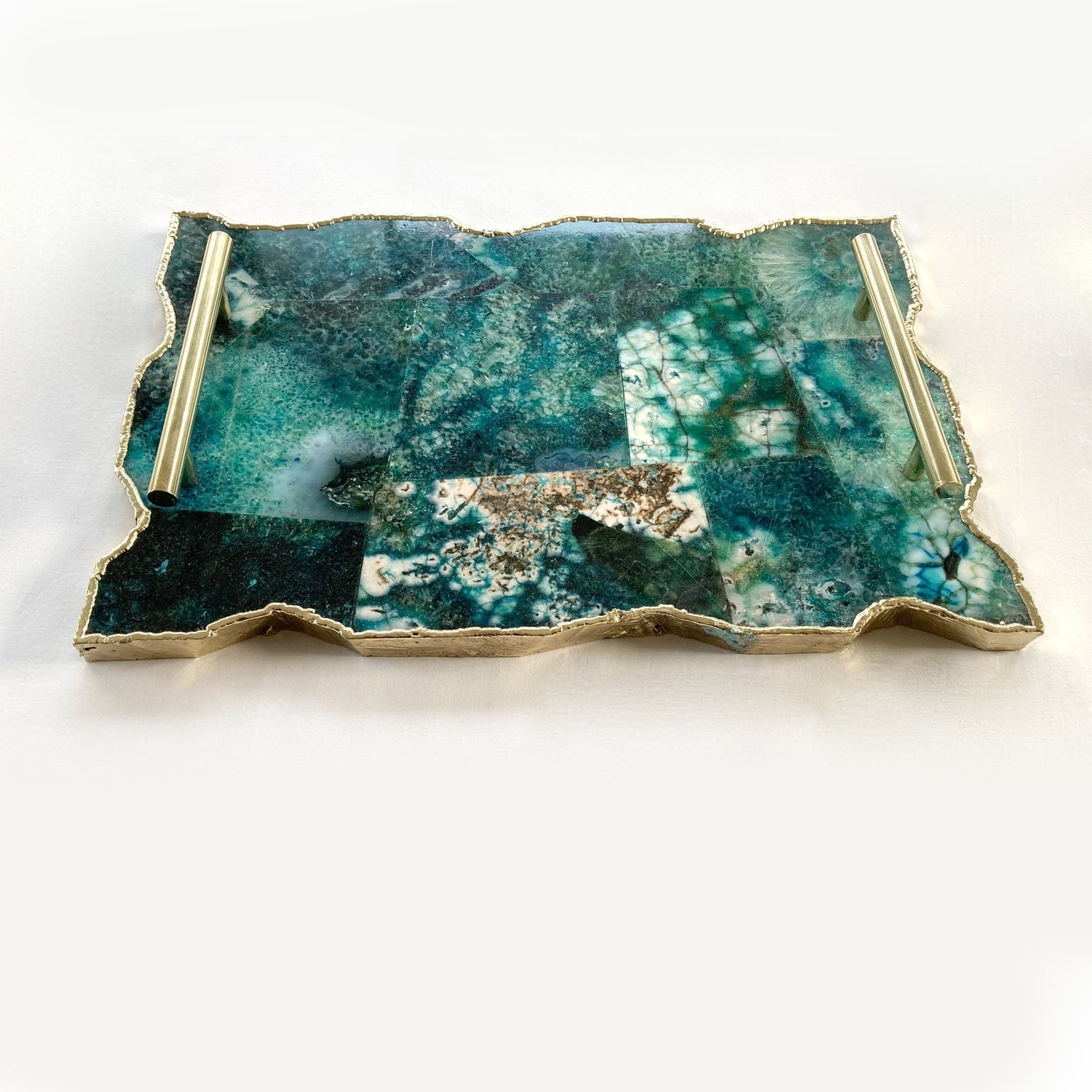Large Composite Green Agate Serving Tray With Plain Modern Brass Handles 10"x15"