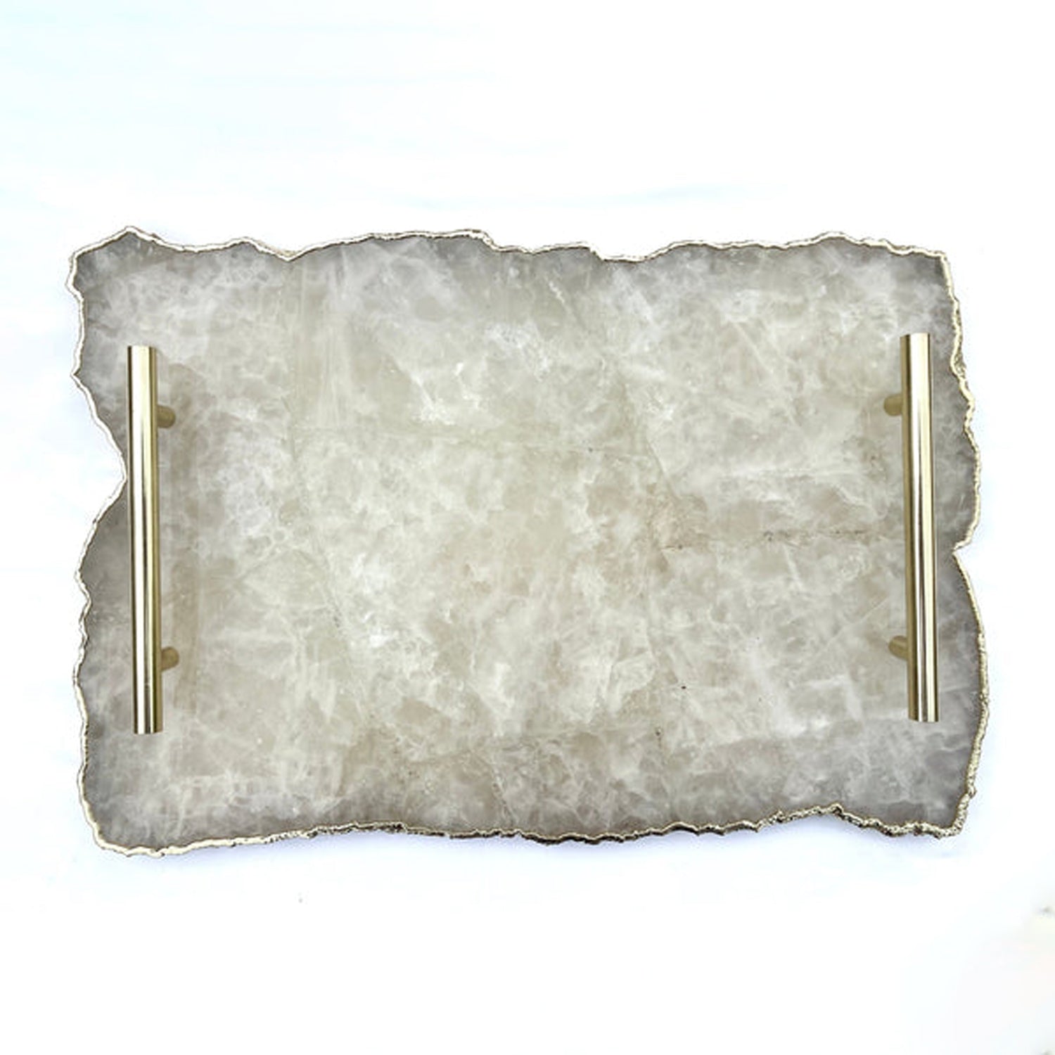 Large White Agate Serving Tray With Brass Handle Boards 10"x15"