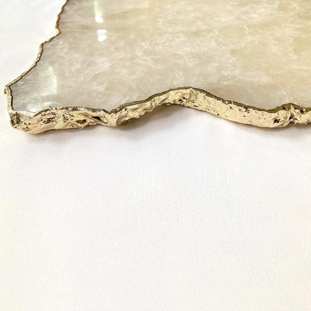 Large White Agate Serving Tray With Brass Handle Boards 10"x15"